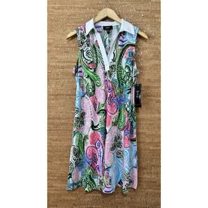 MSK Pink Colorful Paisley Printed Collard Dress Short Sleeve Size Medium